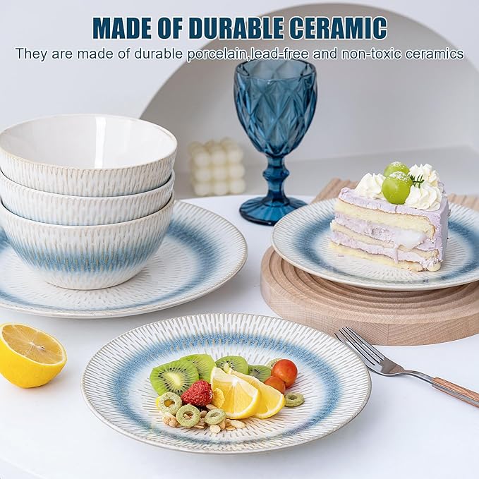 12 Pieces Ceramic Dinnerware Sets, Handmade Reactive Glaze Plates and Bowls Sets, Stoneware Set, Dishwasher & Microwave Safe Dishes set, Blue Relievo