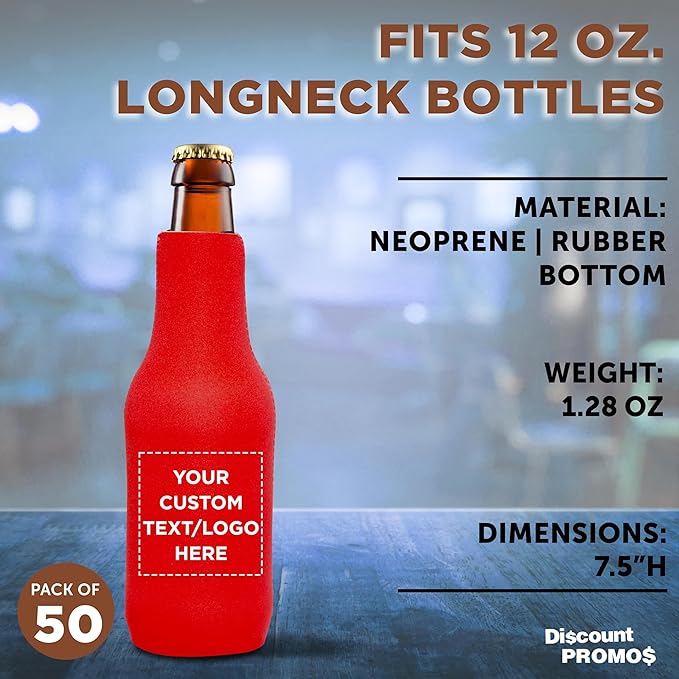 50 Neoprene Zippered Beer Bottle Coolies Pack - Customizable Text, Logo - Sharkskin Rubber Bottom - Red