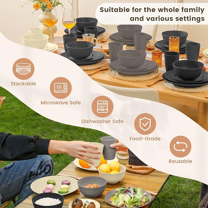 Homienly Kitchen Wheat Straw Dinnerware Set 40 PCS - Dinner Plates, Cereal Bowls, Wheat Straw Cups Set, Microwave and Dishwasher Safe Dishes Set, Unbreakable Dish Set for Party, Outdoor(Grey Stone)