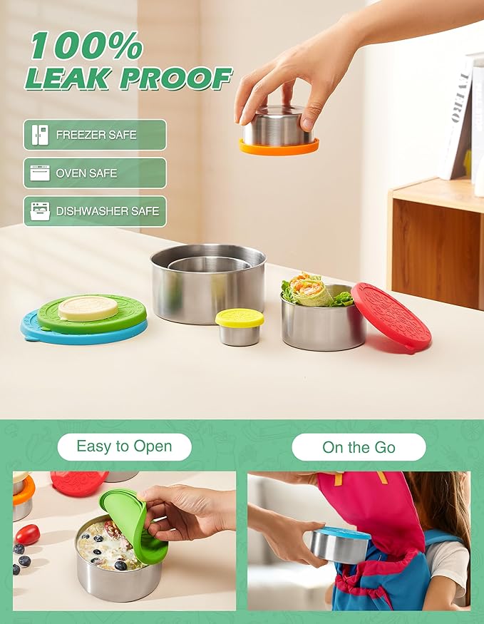 Stainless Steel Food Container with Lids, 6pcs stackable Metal Lunch Box Container for Kids, Daycare, School, Travel | leakproof Sauce Salad Dressing Container to go, From 1.7oz to 33.8oz