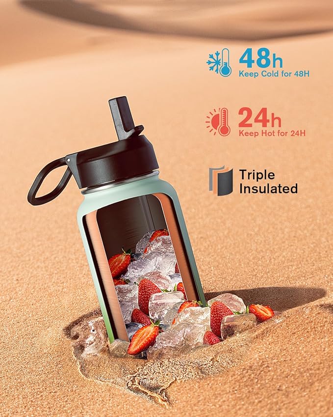 Water Bottle 40 oz Insulated with Straw&Brush, Coolflask Vaccum Stainless Steel Metal 3 Lids Water Flask for Sports, Gym or Office, Keep Cold 48H Hot 24H, Ombre Green