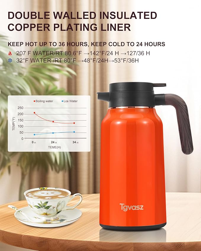 Thermal Coffee Carafe 70 oz - 36 Hours Hot(Stainless Steel Carafes for Hot Liquids-Insulated Coffee Carafes For Keeping Hot/Cold Coffee, Tea, Water, Drink Dispenser for Parties(Orange)