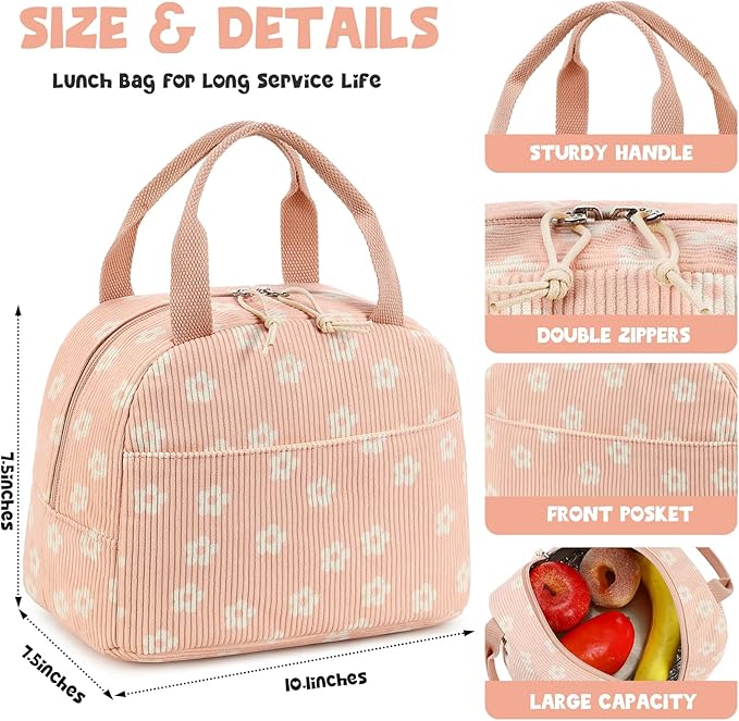 Bluboon Lunch Bag for Women Men Cute Corduroy Lunch Tote Bags Reusable Insulated Lunch Box Large Capacity Reusable Insulated Cooler for Work Picnic or Travel