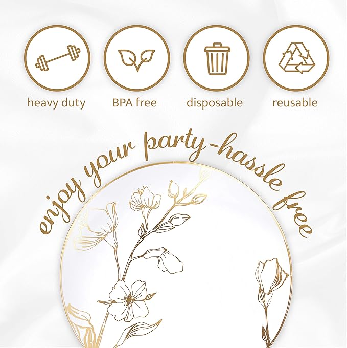 [7'' Plates 40 Count] White Plastic Floral Design Party Plates With Gold Rim Premium heavyweight Elegant Disposable Tableware Dishes