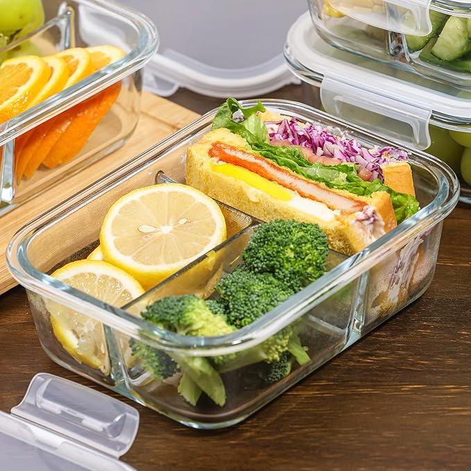 5-Pack Glass Storage Containers,Glass Food Container with Lid,Lunch Box,Bento Box,Storage Box,Meal Prep Containers,Lunch Containers, Fruit Preservation Boxes,Three-partition-White
