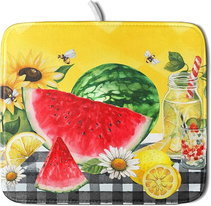 Summer Watermelon Dish Drying Mat Microfiber,Yellow Lemon Buffalo Plaid Dishes Drainer Mats 16x18 Inch,Absorbent Washable Large Drainer Rack Pad Protective Kitchen Counter Decor