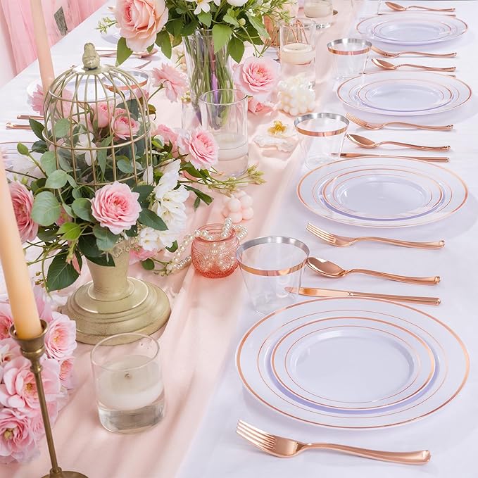 WELLIFE 600 PCS Rose Gold Disposable Dinnerware Set for 100 Guests, Valentine's Day Plate, 100 Each-Dinner & Salad Plates, Cups, Forks Knives Spoons for Wedding Reception and Mothers Day Plates
