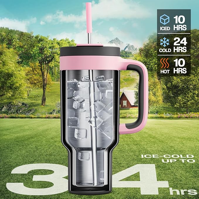 40 oz Tumbler with Handle, 2-in-1 Straw and Sip Lid, Leakproof, Dishwasher Safe, Insulated Stainless Steel Travel Coffee Mug, Keeps Cold for 34 Hours, Fits in Car Cup Holder (Rebellion)