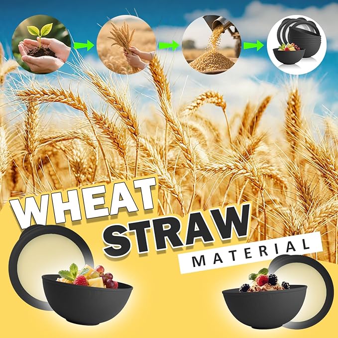 40 OZ Unbreakable Cereal Bowls with Lids, Wheat Straw Bowls Set of 4 with Unique Pattern, Reusable Plastic Bowl for Cereal, Soup, Salad and Ramen, Indoor & Outdoor Essentials, Black