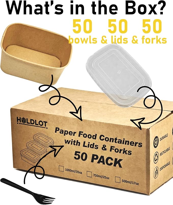 50Pack Disposable Paper Meal Prep Containers with Lids and Forks, 35OZ Kraft Paper To Go Food Containers for Salad Soup Hot/Cold Food, Take Out Serving Bowl for Household & Restaurant & Party & Picnic