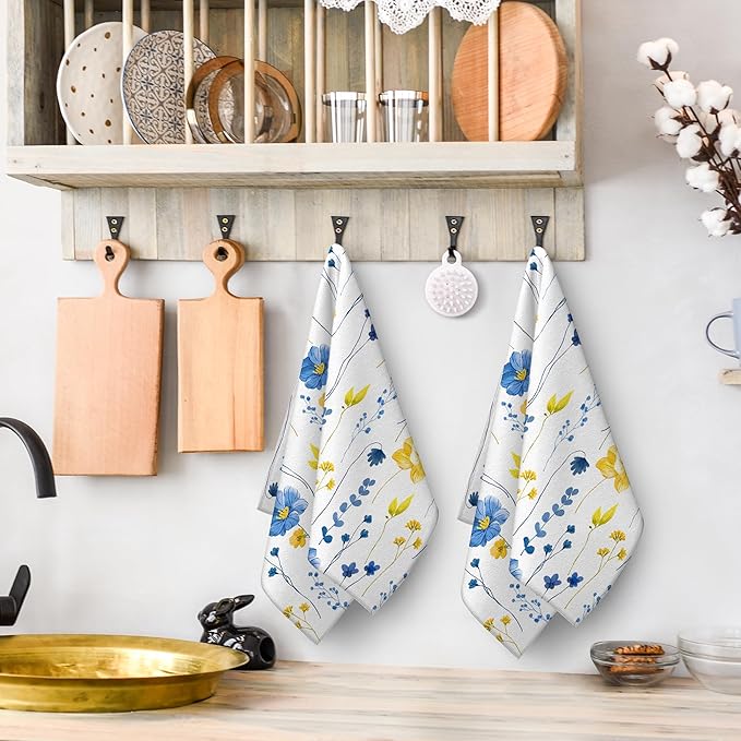 Blue Yellow Flower Kitchen Dish Towels Set of 2, Soft Absorbent Watercolor Floral Hand Towels Tea Towels for Kitchen Spring Summer Home Decor,Housewarming Gifts for New Home Women, 16x24 inch