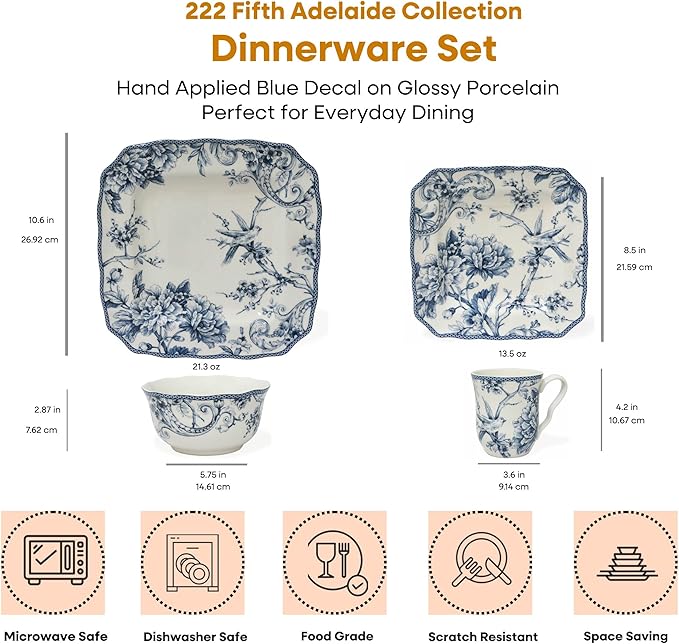 222 Fifth Adelaide 16-Piece Square Floral Dinnerware Set – Service for 4, Blue & White Porcelain Plates & Bowls, for Everyday Dining & Entertainment, Microwave & Dishwasher Safe, Chip Resistant