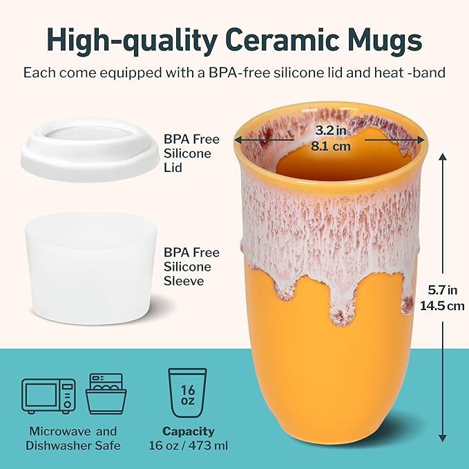 Ceramic Tumbler– Ceramic Travel Mug With Lid – Microwave & Dishwasher Safe Coffee White & Orange Tumbler - Gifts For Women Men Him Her – 16oz – Grapefruit