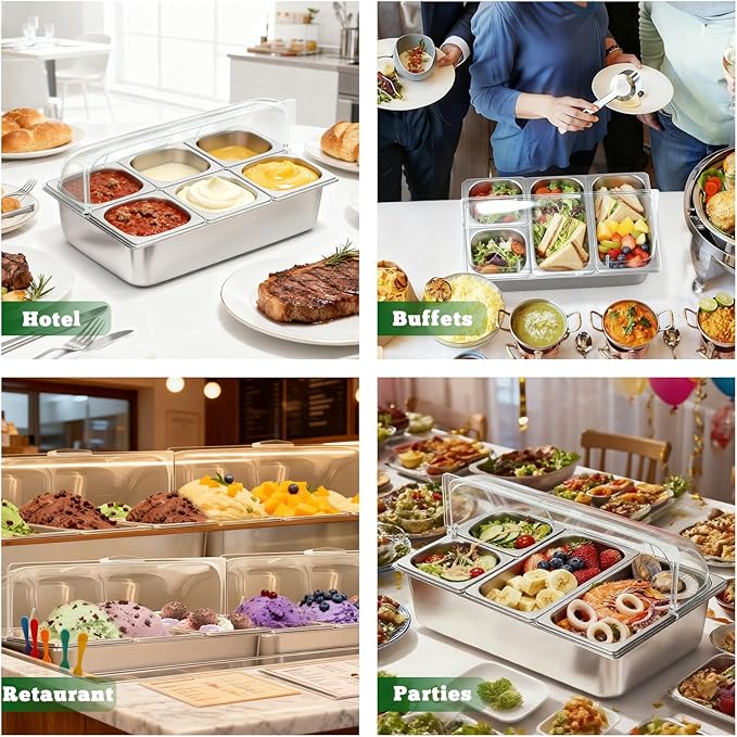 Stainless Steel Countertop Food Serving Display Container with Clear Roll Top Cover - Ice Food Serving Tray for Buffet, Restaurant, Kitchen, or Party(6 Pans 2 Sizes)