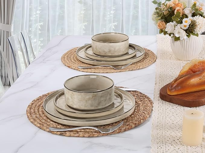 LIANYU 18 Piece Dinnerware Dish Set for 6, Stoneware Plates and Bowls, Ceramic Dinner Tableware Sets Includes Dinner Salad Plates, Cereal Bowls, Chip & Scratch Resistant, Sandy Beige