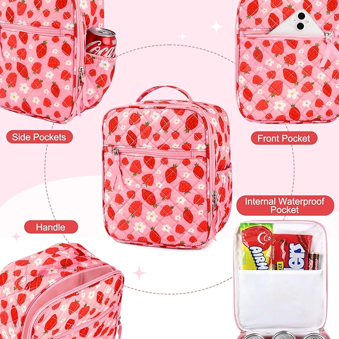 Aileam Lunch Box for Women Cute Strawberry Lunch Bag Quilted Reusable Insulated Lunch Box Aesthetic Lunch Tote Bags Floral Cotton Lunch Case for Travel Work Picnic (Pink Strawberry Flower)