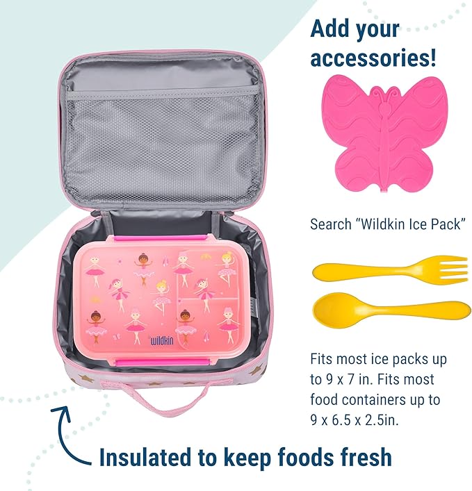 Wildkin Kids Insulated Lunch Box – Durable and Reusable for School & Travel - Pink and Gold Stars