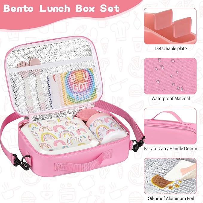 Bento Lunch Box for Kids with 12oz Soup Thermo Leak-Proof Lunch Food Container with 5 Compartment Thermo Hot Food Jar and Insulated Lunch Bag for Kid Toddler Girls Boys to School