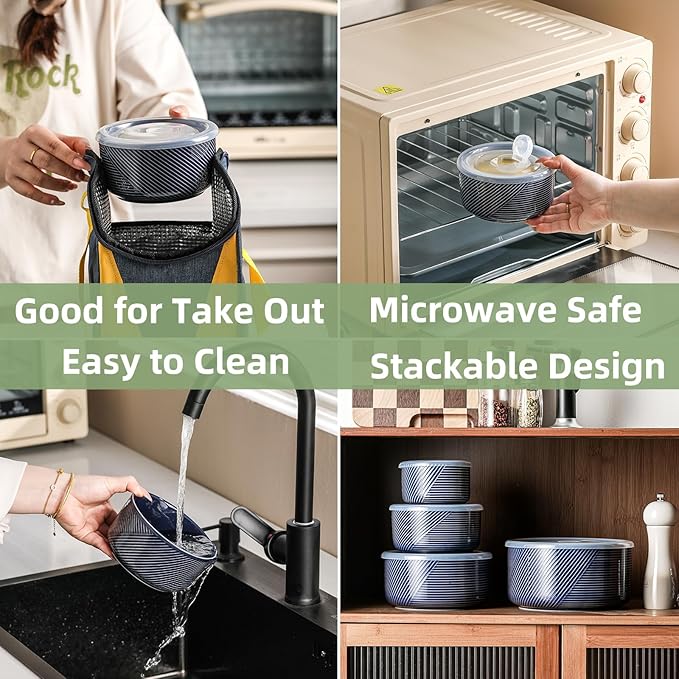 Ceramic Nesting Bowls with Lids: Mixing Bowls with Lids - Porcelain Food Storage Containers For Prep and Serving, Microwavable Kitchen Bowl Set of 4, 50/32/20/10 oz (Navy)