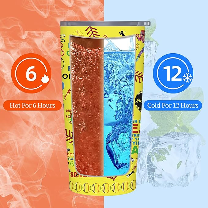 Softball Tumbler Cup With Lid - Lover Birthday Gifts, Stainless Steel Vacuum Coffee Mug for Women Men, 20 Oz