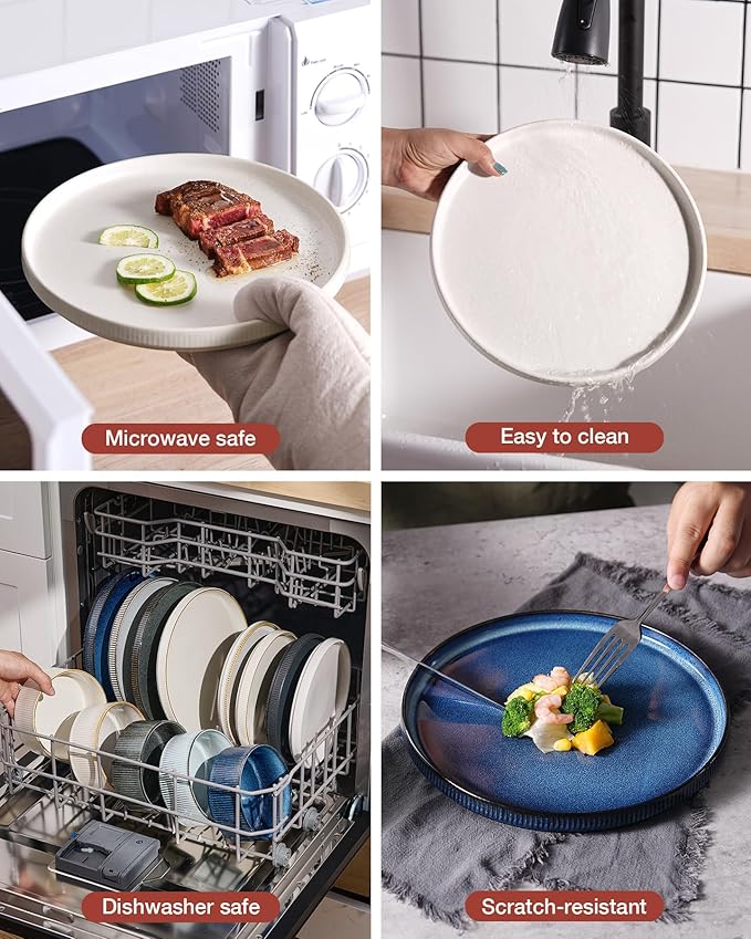 Famiware Star Dinnerware Set, Plates and Bowls Sets for 8 (24pcs), Ribbed Stoneware Dishes - Chip & Scratch Resistant, Microwave & Dishwasher Safe, Multicolor - Matte White & Matte Dark Charcoal