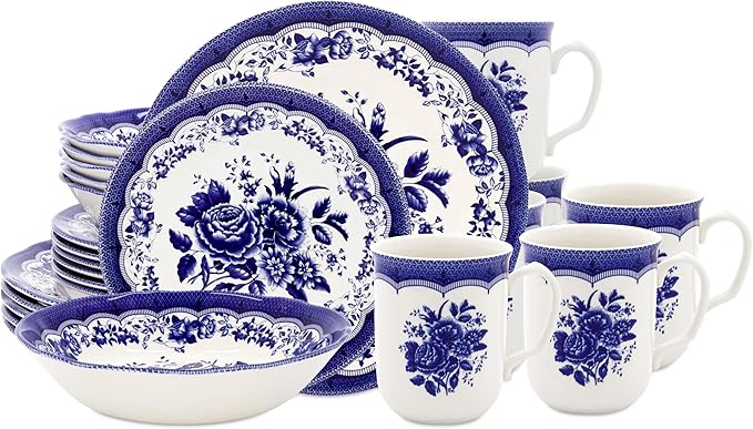 Tudor Royal 24-Piece Porcelain Round Dinnerware Set, Service for 6, Victoria Blue Design, Blue Floral, Plates Bowls Mugs Dishes, Glossy, Premium Quality Tableware, Unique Pattern