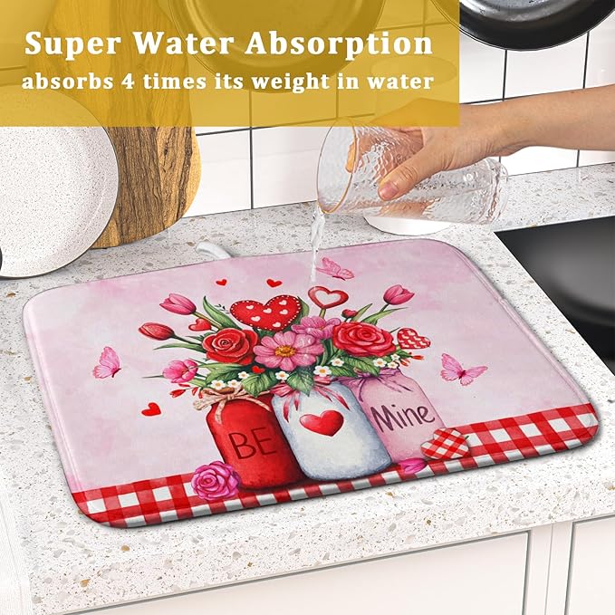 Rose Vase Dish Drying Mat 16x18 inch Romantic Floral Washable Absorbent Dish Dry Pad Fast Dry Drainer Rack Mats Kitchen Counter Accessories