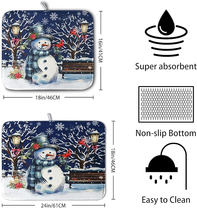 Winter Snowman Dish Drying Mat for Kitchen Counter 16x18, Xmas Snowflakes Dish Drainer Mat Snowy Night Drying Kitchen Mats Cardinal Birld Dish Pad Absorbent Reversible Coffee Mats for Dishes
