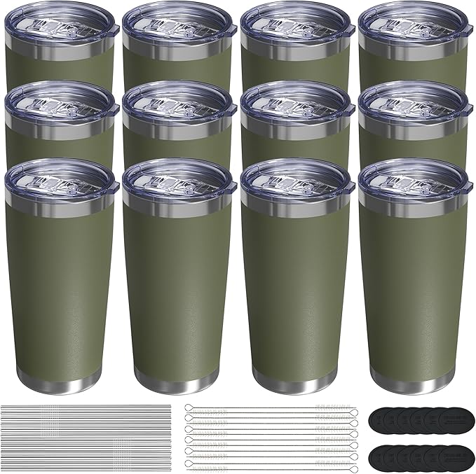 Travel Coffee Tumbler 20oz, 12 Pack Leakproof Travel Coffee Mug with Lid and Straw, Stainless Steel Double Wall Vacuum Insulated Tumbler for Hot/Iced Drinks (Textured Matte, Army Green)
