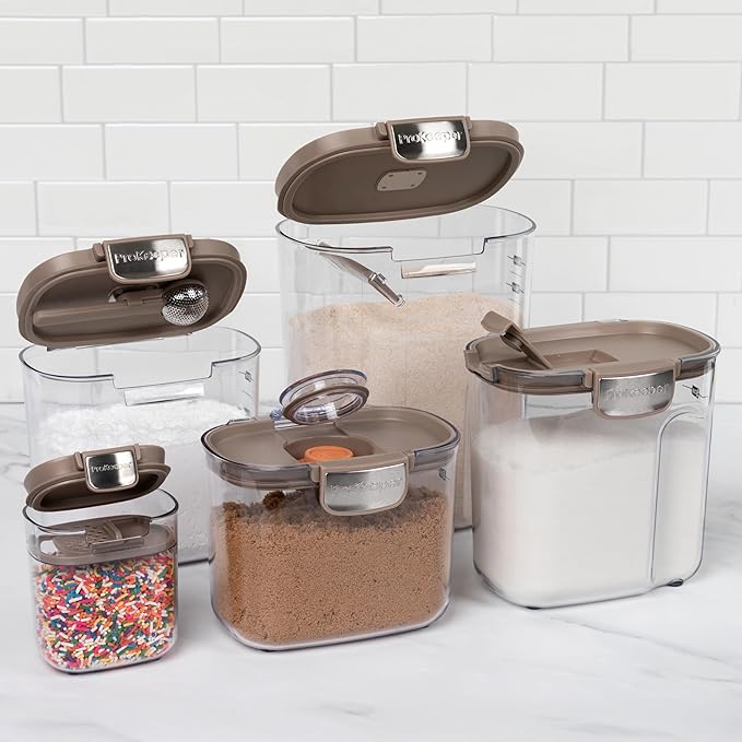 ProKeeper+ 9-Piece Airtight Food Storage Container Set – Clear Plastic Flour and Sugar Canister Set with Magnetic Accessories for Kitchen Organization (Taupe, 9-Piece)