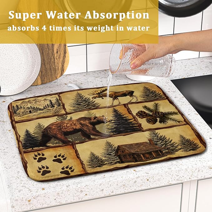 Vintage Bear Moose Dish Drying Mat 16x18 Inch Country Cabin Absorbent Dish Draining Mat Heat Resistant Drying Pad for Counter Sink Home