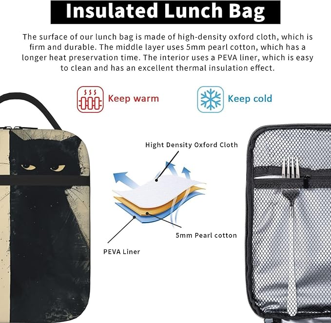 SUPLUCHOM Lunch Bag Cat Vintage Insulated Box Reusable with Side Pocket for Girl Boy Women Men Work School Picnic Hiking Daytrip Over 3 Years Old