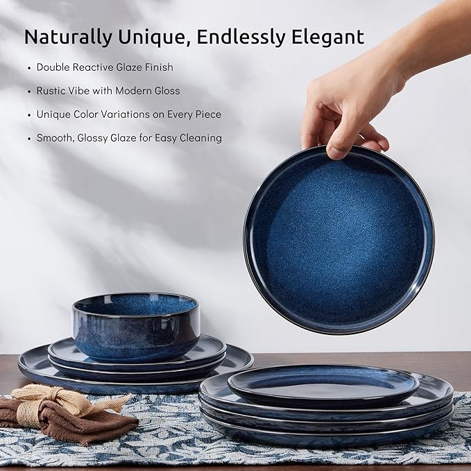 E-far Dinnerware Sets for 8, 24-Piece Stoneware Plates and Bowls Set, Ceramic Dishes Reactive Glaze Dinning Ware, Microwave & Dishwasher Safe - Deep Sea Blue