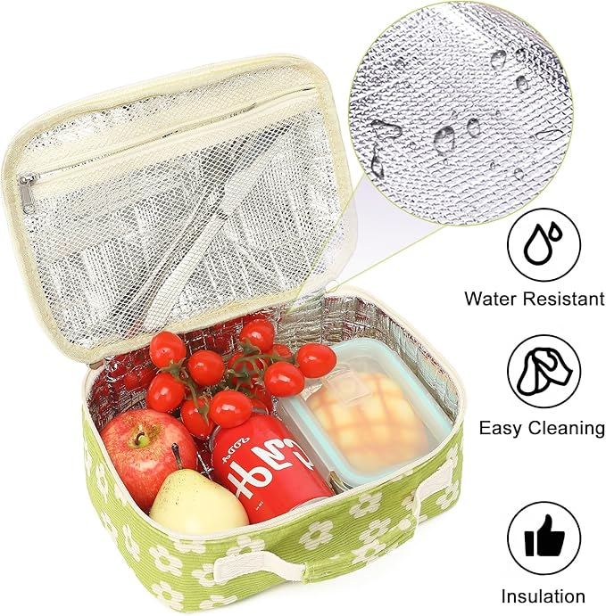 Bluboon Kids Girls Lunch Bag Insulated Lunch Box for school Corduroy Lunch Cooler Organizer School Kids Lunch Tote (Corduroy-Brown) (Beige Flower Green)