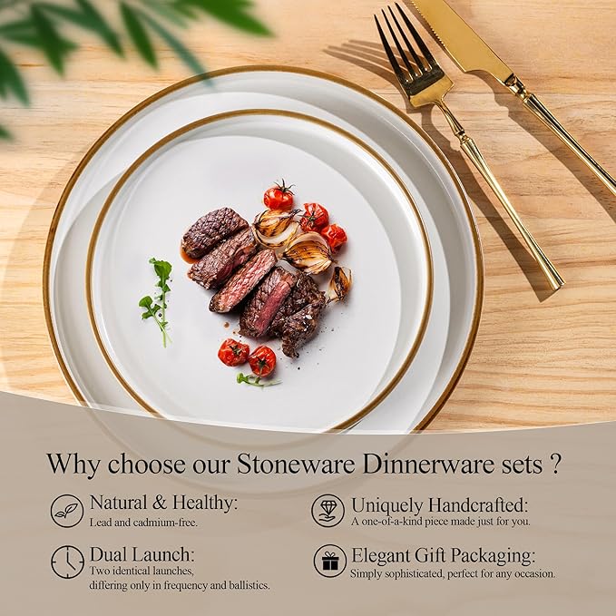 LERATIO Ceramic Dinnerware Sets for 4,Matte Stoneware Plates and Bowls Set, Chip and Crack Resistant | Oven & Dishwasher & Microwave Safe Dishes Set, Service for 4-Dusted Gold Rim