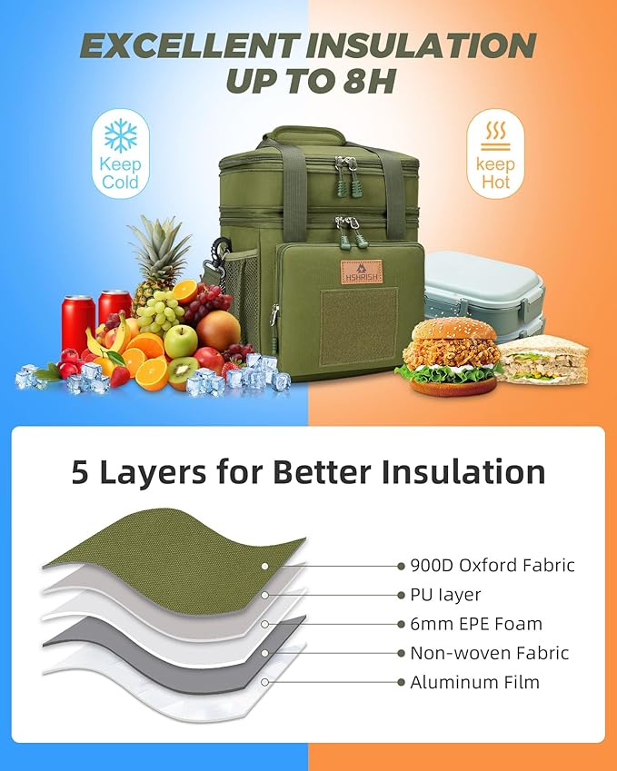 Tactical Lunch Box, Large Expandable Insulated Lunch Bag, Durable Leakproof Cooler Bag for Men/Women/Adults/Work Office Outdoor Picnic Trip,15 L, Army Green, HSHRISH