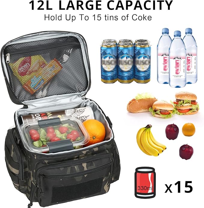 ATRIPACK Lunch Box for Men, Tactical Lunch Bag MOLLE Webbing Leakproof Insulated Large Lunch Cooler Women Adult Meal with Adjustable Shoulder Strap Durable Lunch Pail (Camo-Black)