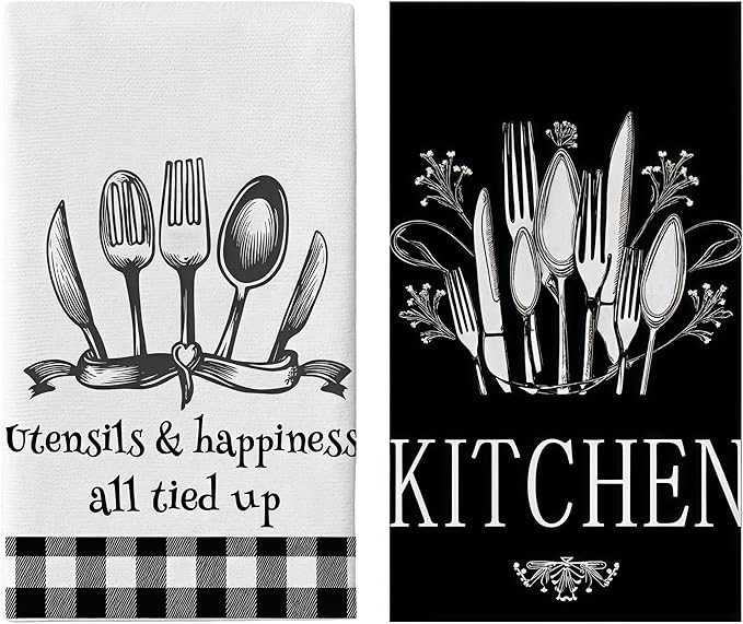 Black & White Grid Kitchen Towels Set of 2-18x26 Inch, Ultra Absorbent Microfiber, Farmhouse Decor, Fast Drying for Home & Restaurant Use