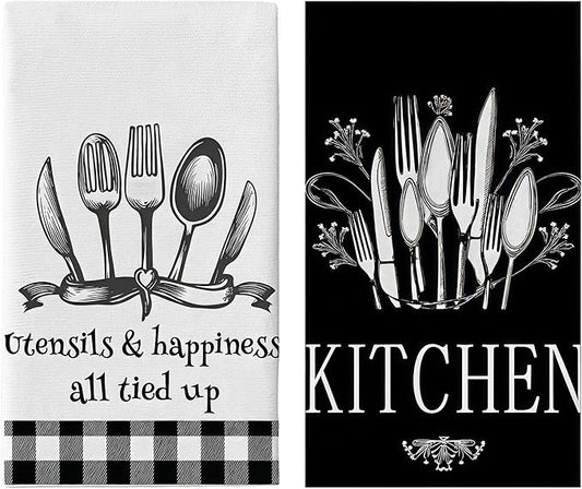 Black & White Grid Kitchen Towels Set of 2-18x26 Inch, Ultra Absorbent Microfiber, Farmhouse Decor, Fast Drying for Home & Restaurant Use