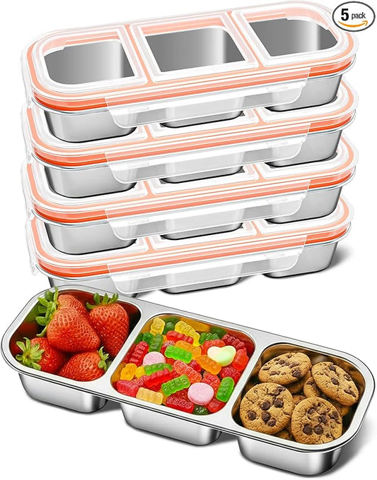 QCQHDU Snack Containers, Reusable Stainless Steel 3 Compartment Condiment Metal Bento Lunch Box with Lids, Divided Snack Food Storage Lunchable Containers for Home, Work, Travel, Camping, 5 Pack