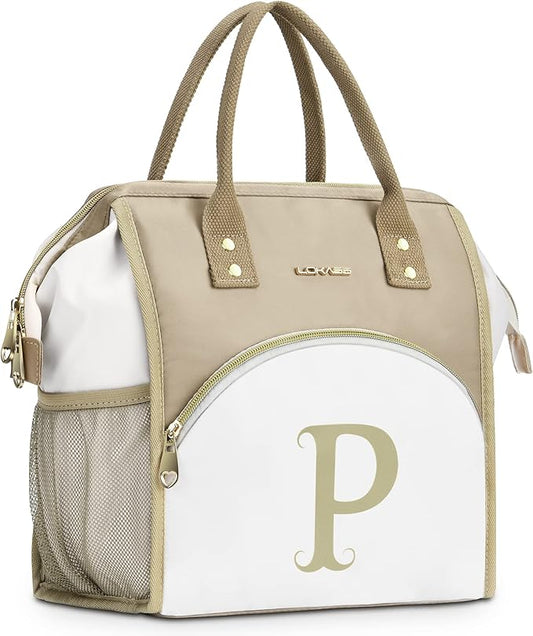 Personalized Lunch Box for Women, Reusable Insulated Lunch Bag, Wide-Open Adult Lunchbox Cooler Lunchbag Snack Organizer, Initial Leakproof Lunch Tote Bag for Picnic Work Outdoors, P