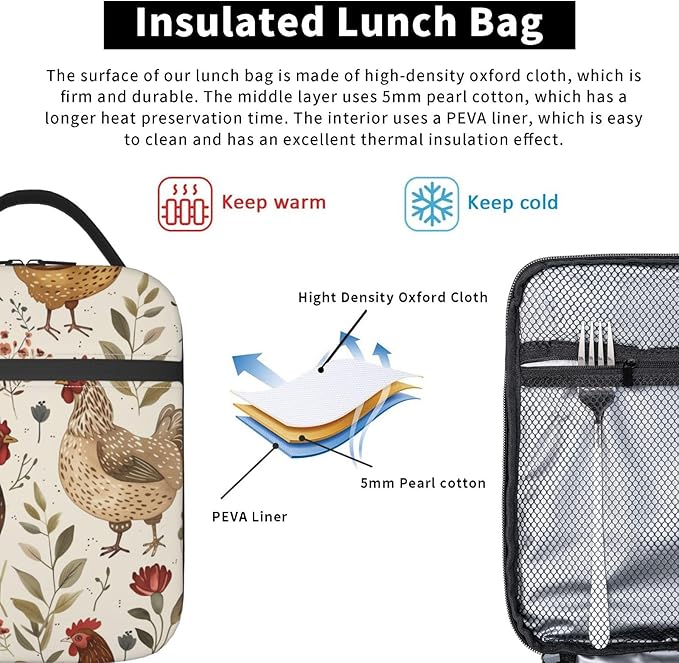 Chicken Lunch Box for Women Men, Insulated Lunch Box Reusable Portable Lunch Bag Cooler Tote Waterproof Lunch Container for Office Picnic Work Travel