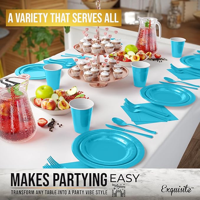 222 Pcs Turquoise Paper Plates and Napkins Sets, Disposable Plates For Party, Lunch & Cocktail Napkins Paper, 18oz Plastic Cups, Cutlery and Turquoise Table cloth Plastic Dinnerware Set