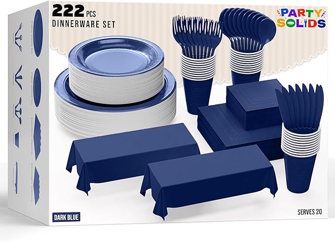 222 Pcs Dark Blue Paper Plates and Napkins Sets, Disposable Plates For Party, Lunch & Cocktail Napkins Paper, 18oz Plastic Cups, Cutlery and Dark Blue Table cloth Plastic Dinnerware Set