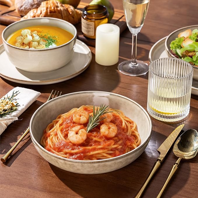 GBHOME 32 Pieces Double Bowls Ceramic Dinnerware Sets for 8, Stoneware Plates and Bowls Set with Reactive Glaze, Scratch Resistant Stoneware Dishes Set, Dishwasher & Microwave Safe