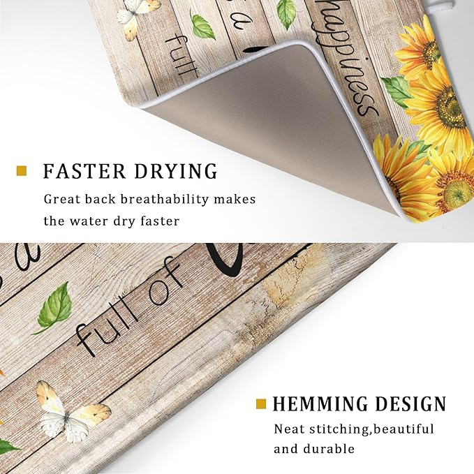 Sunflower Floral Dish Drying Mat for Kitchen Countertop 18x24 inch Rustic Wood Washable Microfiber Absorbent Dishes Drainer Rack Pad