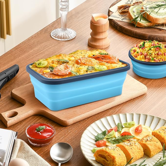 8 Pack Collapsible Food Storage Containers with Lid & Air Vent, 4 Rectangular and 4 Round Foldable Collapsible Storage Containers Sets, Lunch Bowls for Travel, Microwave Freezer Dishwasher Safe