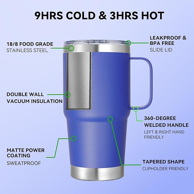 20 oz Stainless Steel Tumbler with Handle Bulk Metal Insulated Tumblers Travel Coffee Mug with Handle Double Wall Tumbler Cup with Lid and Straw, Blue 6 Pack