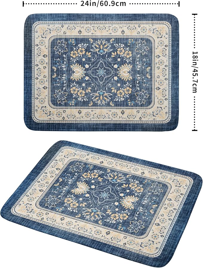 Blue Boho Dish Drying Mat for Kitchen Counter 18x24 Inch Fast Dry Drying Pad Vintage Floral Dish Drainer Rack Mats Coffee Bar Accessories