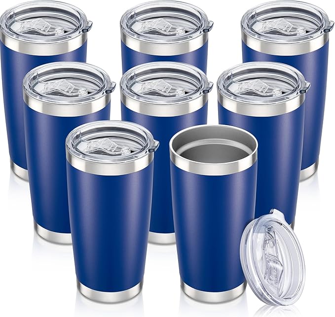 20 oz Tumbler with Lid Stainless Steel Insulated Tumblers Bulk Double Wall Vacuum Cups Powder Coated Travel Mug Keep Drink Cold and Hot, Blue, 8 Pack